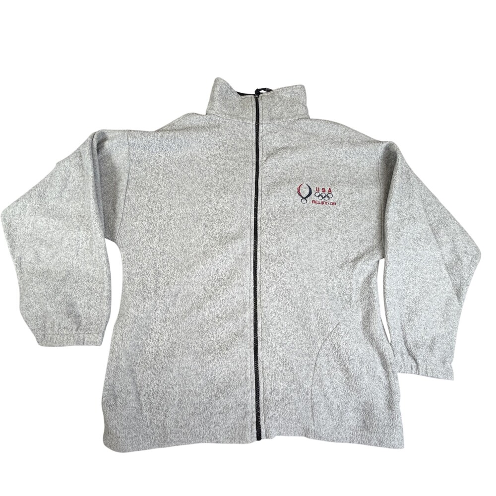 USA Olympics Jacket Mens XL Gray Fleece Full Zip Beijing 2008 Embroidered